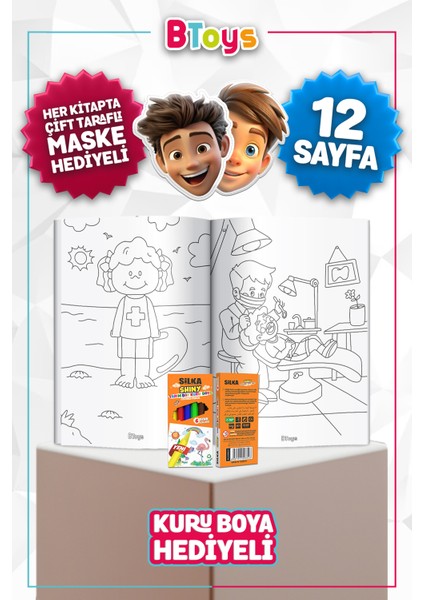 Boyama Kitabı Seti - Meslekler - Kuru Boya, Maske ve Kalem Kutusu Hediyeli