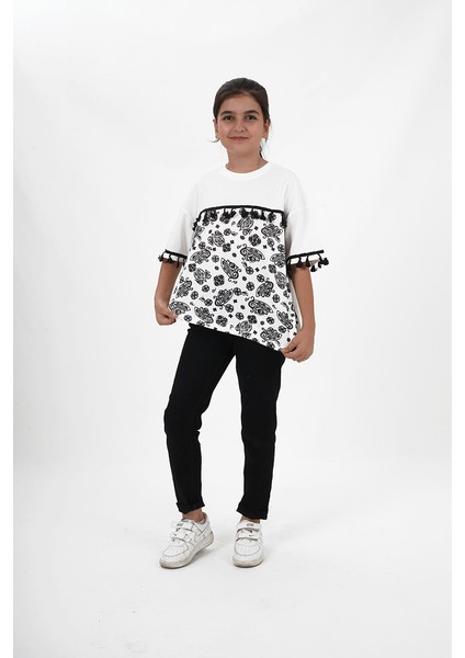 Kız Çocuk Süprem Kumaş Bisiklet Yaka Desenli Tshirt