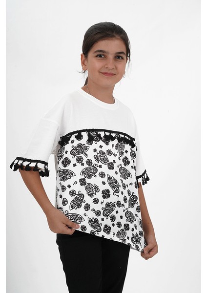 Kız Çocuk Süprem Kumaş Bisiklet Yaka Desenli Tshirt fiyatları