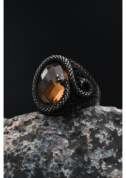 Zultanit Taşlı Yılan Figürlü Zirkon Taş Süslemeli 925 Ayar Gümüş Erkek Yüzüğü 901733