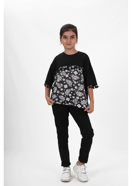 Kız Çocuk Süprem Kumaş Bisiklet Yaka Desenli Tshirt