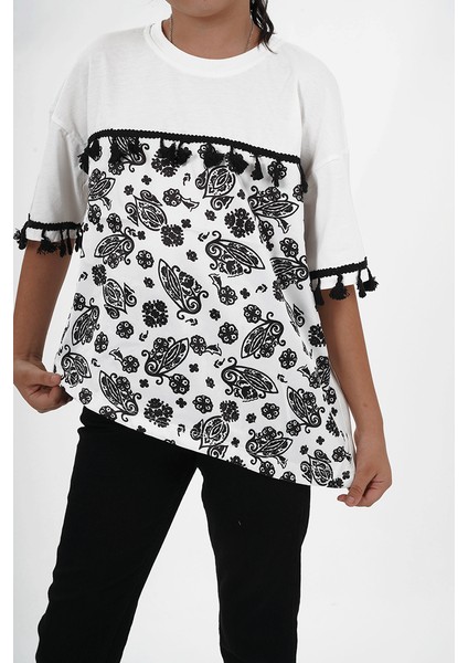 Kız Çocuk Süprem Kumaş Bisiklet Yaka Desenli Tshirt fırsatları