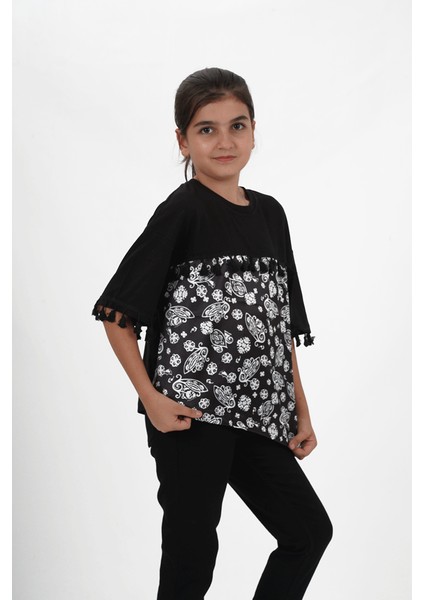 Kız Çocuk Süprem Kumaş Bisiklet Yaka Desenli Tshirt fiyatları