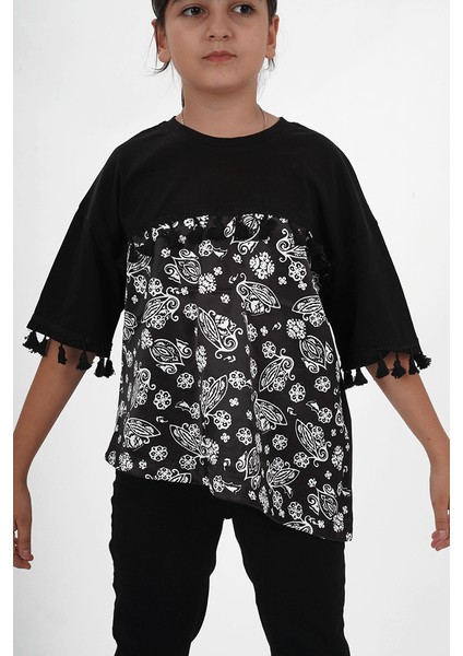 Kız Çocuk Süprem Kumaş Bisiklet Yaka Desenli Tshirt fırsatları