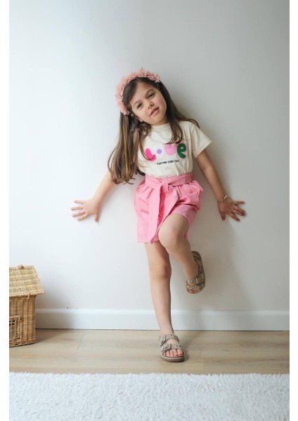 Nakışlı Love Alt Pembe Ince Kot Şort Kız Çocuk Alt Üst Takım