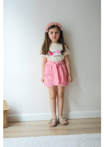 Nakışlı Love Alt Pembe Ince Kot Şort Kız Çocuk Alt Üst Takım fiyatları