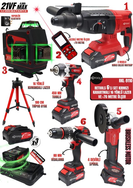 6’lı Set Kırmızı Kabartmalı (4’lü Set + 16 Yönlü Kırmızı Lazer , Tripod ve +70 Lazer Metre)