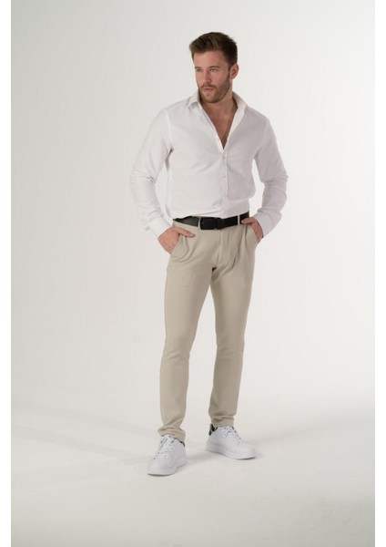 Esnek Kumaş Slim Fit Chino Erkek Pantolon Krem modelleri