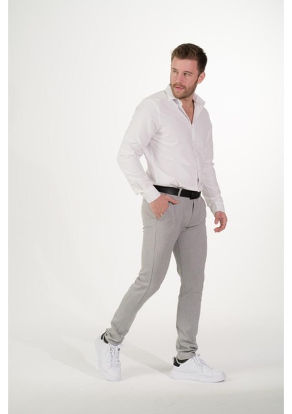 Esnek Kumaş Slim Fit Chino Erkek Pantolon Gri