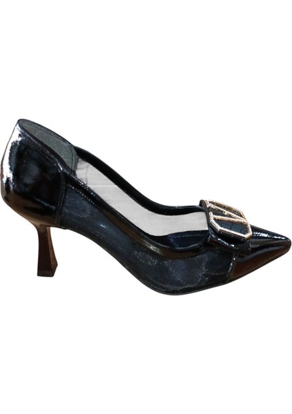 320 Kadın Taşlı Tokalı Tül Detaylı Kadeh Ökçe Abiye Ayakkabı Siyah Rugan fiyatları