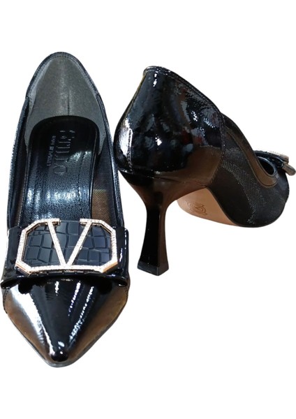 320 Kadın Taşlı Tokalı Tül Detaylı Kadeh Ökçe Abiye Ayakkabı Siyah Rugan modelleri