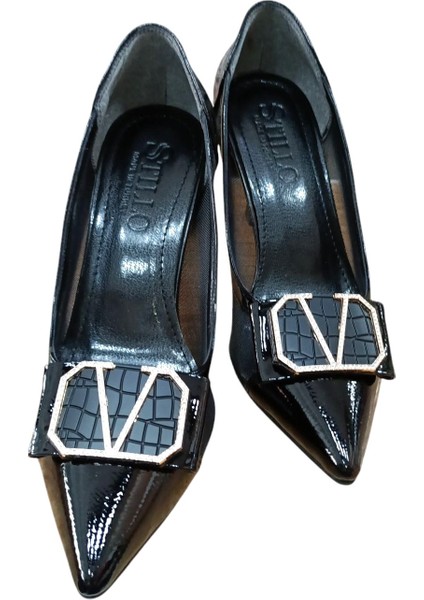 320 Kadın Taşlı Tokalı Tül Detaylı Kadeh Ökçe Abiye Ayakkabı Siyah Rugan fırsatları