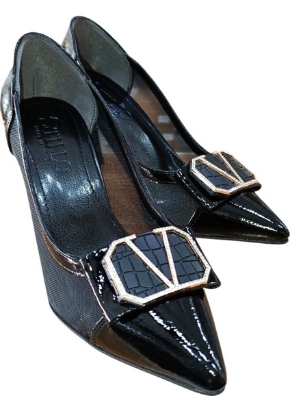 320 Kadın Taşlı Tokalı Tül Detaylı Kadeh Ökçe Abiye Ayakkabı Siyah Rugan indirimleri