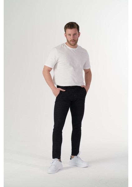 Ekose Esnek Kumaş Slim Chino Fit Erkek Pantolon Siyah
