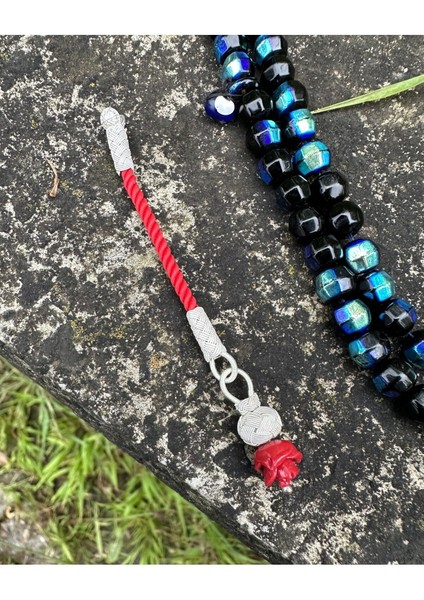 Gümüş Kazaziye Renkli Gül Modelli Tekli Kısa Tesbih Püskülü, Küçük Boy Tespihler Için Uygun