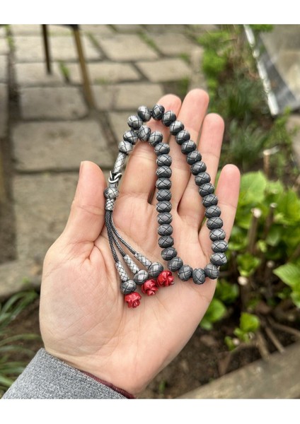 Gül Detaylı Üç Sallantılı Oksitli Gümüş Kazaziye Tesbih - Kazaz Sevenlere En Güzel Hediye modelleri