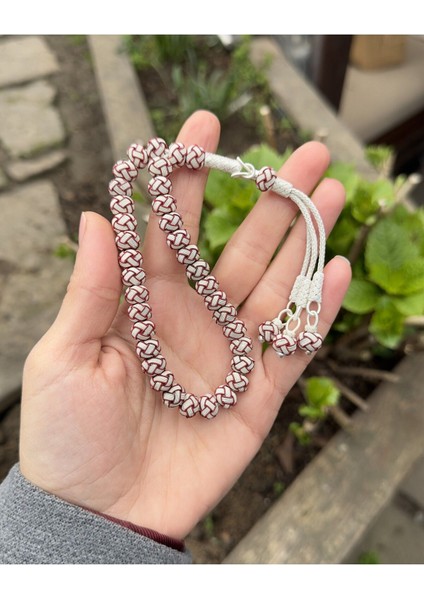 Gümüş Kazaziye El Örgüsü Orta Boy Renkli Top Detaylı Gümüş Kazaz Tesbih modelleri