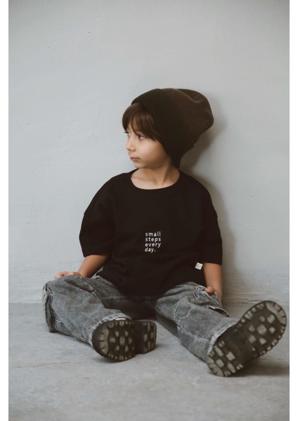 Siyah Bisiklet Yaka Oversize T-Shirt Bebek - Çocuk