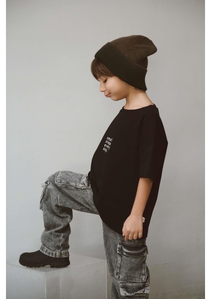 Siyah Bisiklet Yaka Oversize T-Shirt Bebek - Çocuk