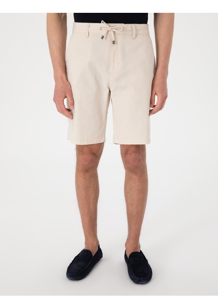 Erkek Bej Slim Fit Keten Karışımlı Beli Bağcıklı Dokuma Şort 50308147-VR011