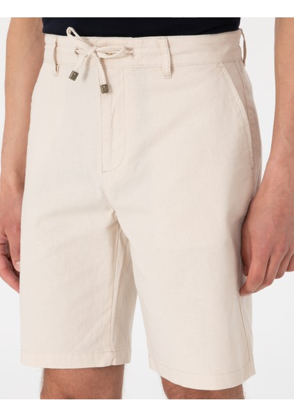 Erkek Bej Slim Fit Keten Karışımlı Beli Bağcıklı Dokuma Şort 50308147-VR011