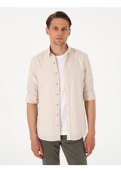 Erkek Bej Keten Görünümlü Slim Fit Uzun Kollu Gömlek 50307025-VR011