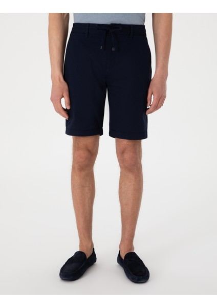 Erkek Lacivert Slim Fit Beli Lastikli Bağcıklı Dokuma Şort 50308148-VR033