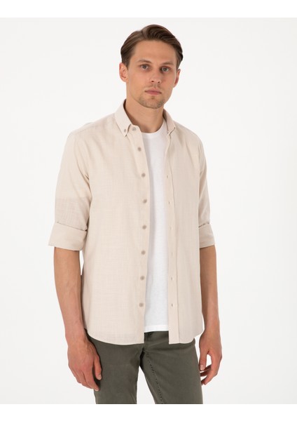 Erkek Bej Keten Görünümlü Slim Fit Uzun Kollu Gömlek 50307025-VR011
