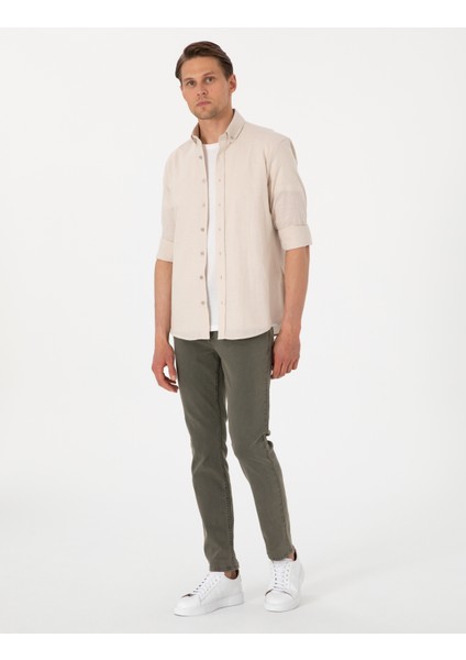 Erkek Bej Keten Görünümlü Slim Fit Uzun Kollu Gömlek 50307025-VR011