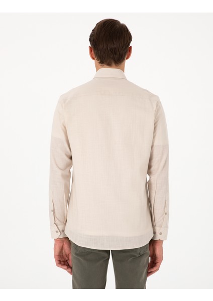 Erkek Bej Keten Görünümlü Slim Fit Uzun Kollu Gömlek 50307025-VR011