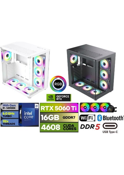 Gaming PC, 16 GB RTX 5060 Ti Oyuncu Masaüstü Bilgisayar, i9-14900K, 64GB DDR5, 2 TB SSD, Sıvı Soğutmalı, Win11 Pro Masaüstü Bilgisayarı