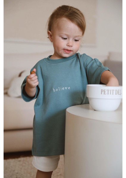 Yeşil Bisiklet Yaka Oversize T-Shirt Bebek - Çocuk