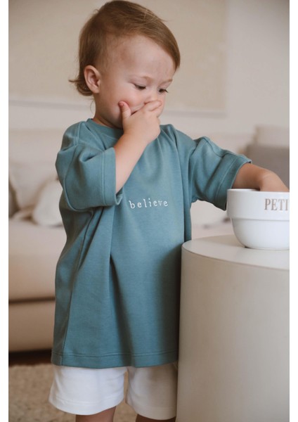 Yeşil Bisiklet Yaka Oversize T-Shirt Bebek - Çocuk