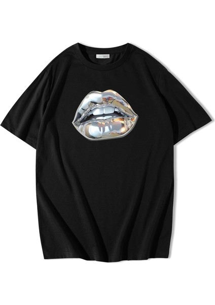 Unisex Oversize Silver Lip Gümüş Dudak T-Shirt Siyah