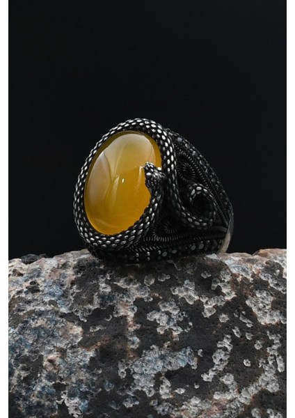 Sarı Akik Taşlı Yılan Figürlü 925 Ayar Gümüş Yüzüğü 901734