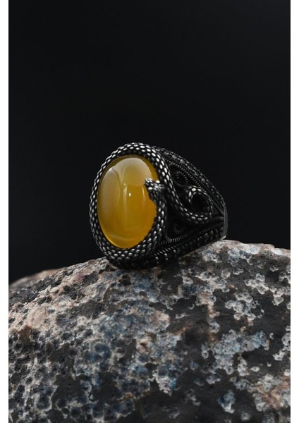 Sarı Akik Taşlı Yılan Figürlü 925 Ayar Gümüş Yüzüğü 901734 fırsatları