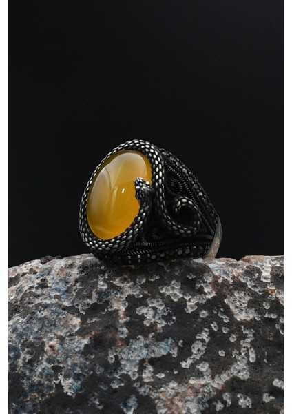 Sarı Akik Taşlı Yılan Figürlü 925 Ayar Gümüş Yüzüğü 901734 indirimleri