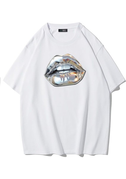Unisex Oversize Silver Lip Gümüş Dudak T-Shirt Beyaz
