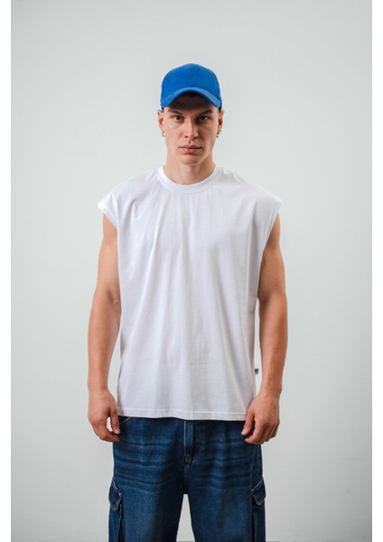 Erkek Basic Sıfır Kol Oversize T-Shirt Beyaz