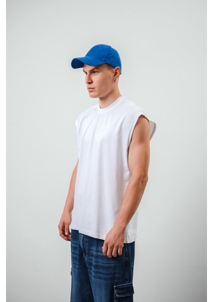 Erkek Basic Sıfır Kol Oversize T-Shirt Beyaz