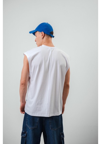Erkek Basic Sıfır Kol Oversize T-Shirt Beyaz