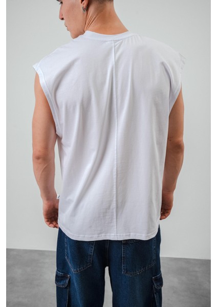 Erkek Basic Sıfır Kol Oversize T-Shirt Beyaz
