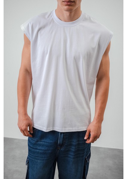 Erkek Basic Sıfır Kol Oversize T-Shirt Beyaz