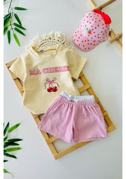 Kiraz Baskılı Ekose Şortlu Kız Çocuk şortlu takım - Sarı