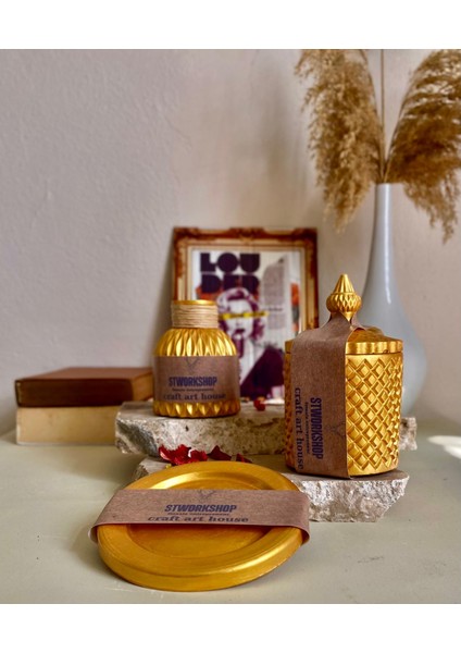 Dekoratif Altın Renk Taş Biblo Vazo ve Çok Amaçlı Tasarım Kapaklı Taş Kutu – Şık Hediye Paketi