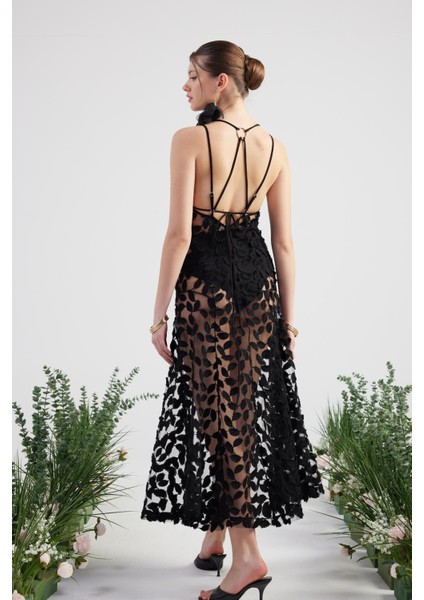 Özel Yapım Yaprak Kumaşlı Uzun Beatriz Elbise Siyah fiyatları