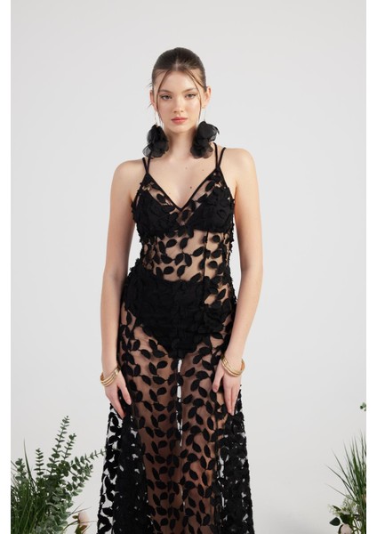 Özel Yapım Yaprak Kumaşlı Uzun Beatriz Elbise Siyah modelleri