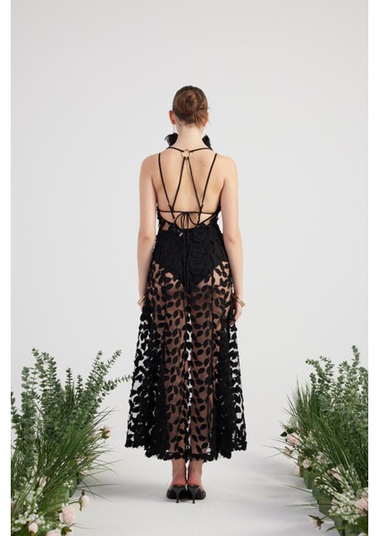 Özel Yapım Yaprak Kumaşlı Uzun Beatriz Elbise Siyah fırsatları