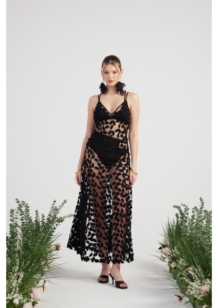 Özel Yapım Yaprak Kumaşlı Uzun Beatriz Elbise Siyah indirimleri