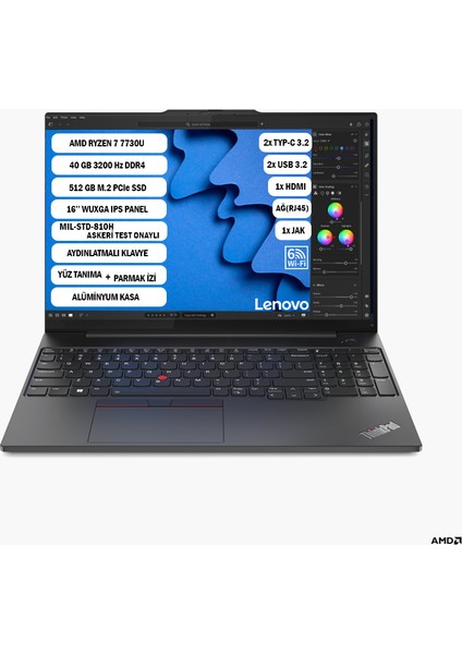 THİNKPAD E16 GEN1 AMD RYZEN™ 7 7730U 40GB 512GB SSD 16'' WUXGA IPS FREEDOS 21JT0017TX+405 Taşınabilir Bilgisayar